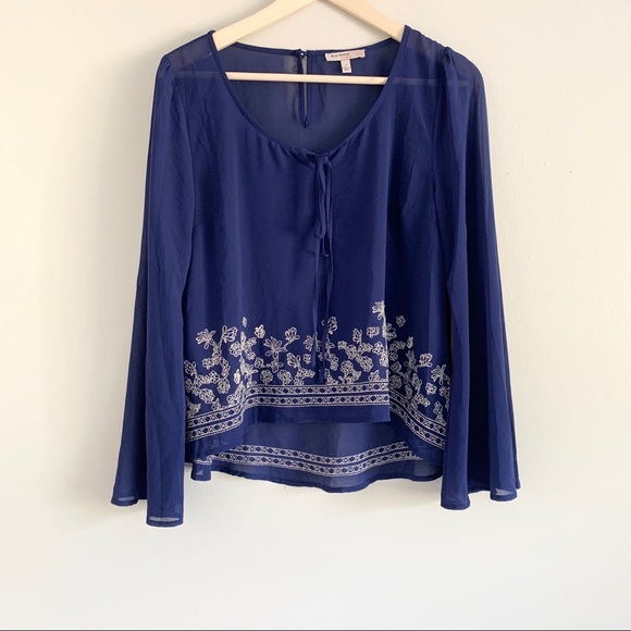 Blu Pepper Tops - BLU PEPPER Boho Blue Embroidered Bell Sleeve Top